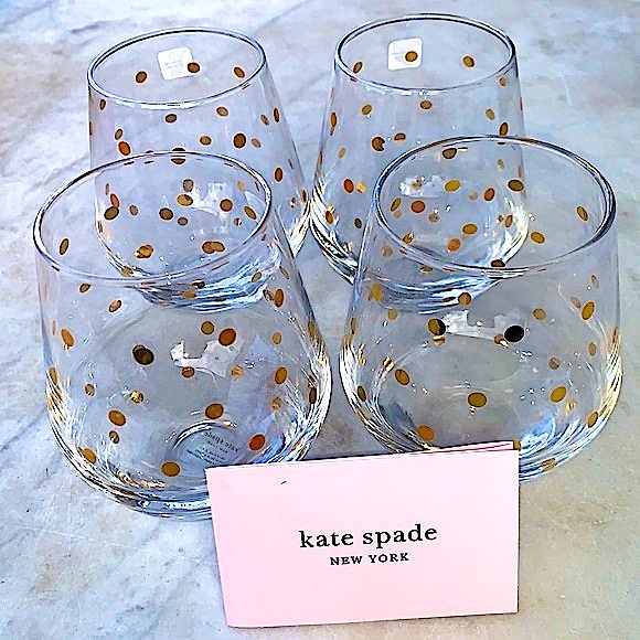 KATE SPADE NEW YORK LENOX STEMLESS WINE SET GLASS LARABEE DOT GOLD NIB 12 OZ - Picture 1 of 8